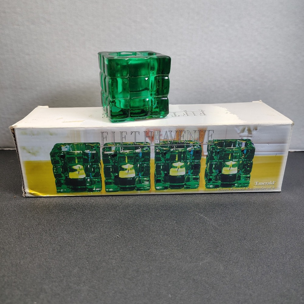 Set of 4 Fifth Avenue Crystal Green Cube Votive Tea Light Candle Holders